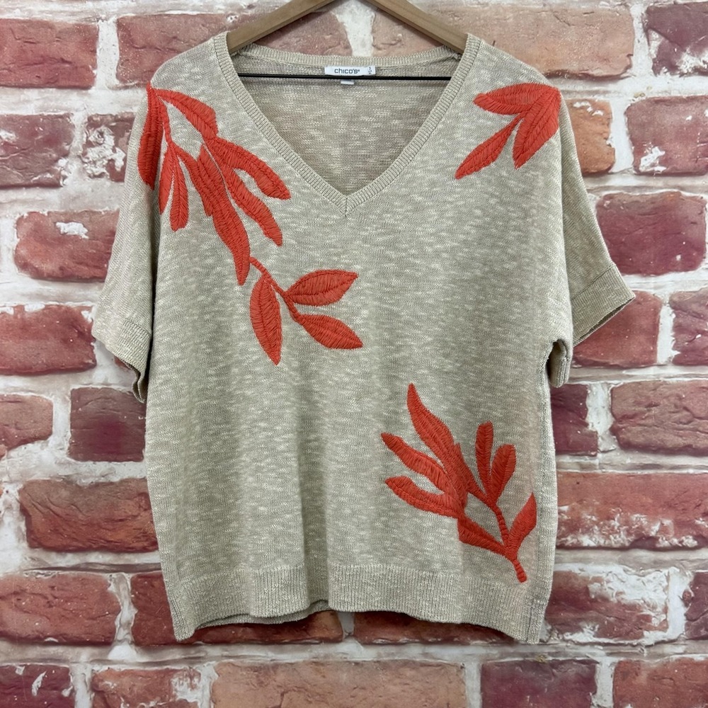 Chicos Sweater Women's XL Tan Coral Orange Textured Leaves Casual Heathered Knit